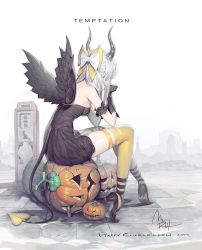 Rule 34 | 1girl, ankle garter, armband, bad id, bad twitter id, bare shoulders, black dress, black footwear, black gloves, black wings, blouse, bow, demon tail, dress, elbow gloves, facing away, frills, from behind, full body, gloves, hair bow, halloween, heart, heart tail, horns, jack-o&#039;-lantern, mandrill, original, pumpkin, shirt, sidelocks, signature, silver hair, sitting, solo, tail, thighhighs, torn clothes, white shirt, wings, yellow thighhighs
