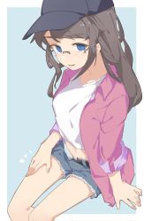 Rule 34 | 1girl, :p, black hair, black headwear, crop top, denim, denim shorts, feet out of frame, highres, idolmaster, idolmaster shiny colors, jacket, long hair, looking at viewer, mitsumine yuika, pink jacket, rimless eyewear, shirt, short shorts, shorts, simple background, solo, sunfromwe, tongue, tongue out, white background, white shirt