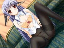 Rule 34 | 00s, 1girl, blue hair, blush, bow, bow bra, bow panties, bra, crotch seam, dutch angle, game cg, lingerie, long hair, nerine, no pants, open clothes, open shirt, orange bra, orange panties, panties, panties under pantyhose, pantyhose, pointy ears, red eyes, shirt, shuffle!, sitting, solo, striped clothes, striped panties, suzuhira hiro, thighband pantyhose, underwear