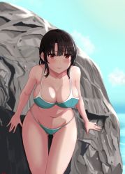 Rule 34 | 1girl, absurdres, bikini, black hair, blue sky, breasts, cleavage, cloud, cowboy shot, day, green bikini, highres, jouzaburou (joe3), kantai collection, large breasts, leaning forward, looking at viewer, outdoors, red eyes, rock, short hair, sky, solo, standing, swimsuit, takao (kancolle), thigh gap