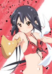 Rule 34 | 10s, 1girl, 2011, armpits, bikini, black hair, blush, bokken, brown eyes, errant, flat chest, foreshortening, front-tie top, holding, k-on!, layered bikini, long hair, nakano azusa, navel, outstretched arm, polka dot, polka dot background, signature, smile, solo, swimsuit, swimsuit under swimsuit, sword, towel, twintails, upper body, very long hair, weapon, wooden sword