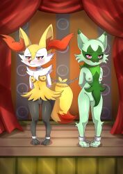 Rule 34 | barefoot, bdsm, bondage, bound, braixen, breasts, cleft of venus, coffle, colored skin, completely nude, creatures (company), floragato, furry, game freak, gen 6 pokemon, green skin, highres, nintendo, nipples, nude, pokemon, slave, small breasts, the dark mangaka, two-tone fur, wooden floor