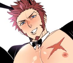 Rule 34 | 1boy, animal ears, bad id, bad twitter id, bara, bare pectorals, blue eyes, blush, bow, bowtie, brown hair, chako nejio, close-up, cross scar, crossdressing, detached collar, facial hair, fake animal ears, fate/grand order, fate (series), goatee, large pectorals, leotard, long sideburns, male focus, male playboy bunny, meme attire, muscular, napoleon bonaparte (fate), nipples, pectorals, playboy bunny, rabbit ears, reverse bunnysuit, reverse outfit, scar, scar on chest, short hair, sideburns, smirk, solo, upper body, white background