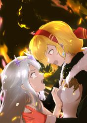 Rule 34 | 2girls, absurdres, blonde hair, crying, crying with eyes open, hand on another&#039;s chest, hand on another&#039;s shoulder, highres, hololive, hololive english, hololive indonesia, kaela kovalskia, katoshseisou, koseki bijou, long hair, multiple girls, purple eyes, red eyes, short hair, tears, textless version, virtual youtuber