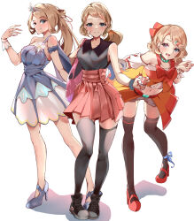 Rule 34 | 3girls, bag, black thighhighs, blue dress, blue footwear, blush, breasts, collarbone, commentary request, creatures (company), dress, full body, game freak, high heels, highres, holding, holding poke ball, light brown hair, looking at viewer, medium breasts, midriff, momdy (talesshinja), multiple girls, navel, nintendo, official alternate costume, pleated skirt, poke ball, poke ball (basic), pokemon, pokemon (anime), pokemon (game), pokemon journeys, pokemon masters ex, pokemon xy, ponytail, red footwear, red skirt, serena (champion) (pokemon), serena (pokemon), shirt, simple background, skirt, sleeveless, sleeveless shirt, thighhighs, white background