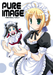 Rule 34 | 00s, 2girls, :d, ahoge, apron, artoria pendragon (all), artoria pendragon (fate), black dress, blonde hair, blue eyes, blush, bow, braid, brooch, chibi, dress, fate/stay night, fate (series), frills, green eyes, hair bow, itachi chimaki, jewelry, looking at viewer, maid, maid apron, multiple girls, official alternate costume, open mouth, puffy short sleeves, puffy sleeves, red dress, ribbon, saber (fate), short hair, short sleeves, simple background, smile, tohsaka rin, waist apron, white background