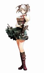 Rule 34 | 10s, 1girl, arm grab, black gloves, boots, breasts, buckle, ciel alencon, corset, expressionless, female focus, fingerless gloves, frilled skirt, frills, full body, gloves, god eater, god eater 2: rage burst, grey eyes, hair between eyes, hair ornament, highres, juliet sleeves, knee boots, kneehighs, layered skirt, legs, long image, long sleeves, looking at viewer, official art, puffy sleeves, red ribbon, ribbon, shiny skin, short hair, silver hair, simple background, skirt, socks, sogabe shuuji, solo, standing, tall image, thigh strap, white background, wristband