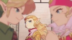 Rule 34 | 1boy, 2girls, armor, blonde hair, blue eyes, blurry, blurry foreground, child, circlet, dual persona, earrings, eye contact, green headwear, head scarf, highres, jewelry, link, long hair, looking at another, misomiso21, multiple girls, nintendo, aged up, pauldrons, pointy ears, princess zelda, shoulder armor, the legend of zelda, the legend of zelda: ocarina of time, tunic, yamoooon21, young link, young zelda, aged down