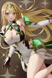 Rule 34 | 1girl, absurdres, amayo thranana, blonde hair, breasts, cleavage, highres, large breasts, long hair, mythra (xenoblade), solo, very long hair, xenoblade chronicles (series), xenoblade chronicles 2, yellow eyes