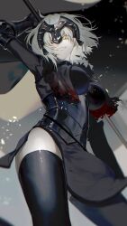 Rule 34 | 1girl, ahoge, armor, armored dress, black dress, breasts, dress, fate/grand order, fate (series), flag, gauntlets, grey hair, grin, highres, jeanne d&#039;arc alter (avenger) (fate), jeanne d&#039;arc alter (fate), large breasts, smile, sunanogimo, yellow eyes
