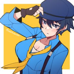 Rule 34 | 1girl, black gloves, blue eyes, blue hair, blue hat, blue shirt, blush, breasts, cabbie hat, cleavage, closed mouth, collarbone, do m kaeru, fingerless gloves, gloves, hand on headwear, hat, large breasts, long sleeves, looking at viewer, necktie, persona, persona 4, persona 4: dancing all night, persona dancing, shirogane naoto, shirt, short hair, solo, suspenders, twitter username, upper body, yellow necktie