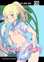 Rule 34 | 1girl, ababarion, absurdres, blonde hair, blush, braid, breasts, clothed sex, clothes lift, comic, cover, cover page, creatures (company), game freak, hetero, highres, lillie (pokemon), looking at viewer, navel, nintendo, no bra, panties, pleated skirt, pokemon, pokemon sm, ponytail, school uniform, serafuku, shirt lift, skirt, small breasts, solo, stomach, text focus, underwear