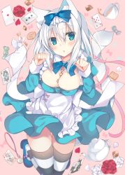Rule 34 | 1girl, :o, animal ears, blue eyes, blush, bow, breasts, card, cat ears, cat tail, cleavage, cup, flower, hair bow, highres, jewelry, key, looking at viewer, medium breasts, original, paw pose, pendant, playing card, rose, satsuki mayuri, short hair, solo, striped clothes, striped thighhighs, tail, teacup, teapot, thighhighs, white hair