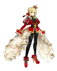 Rule 34 | 1girl, absurdres, ahoge, ascot, belt, black ascot, black pantyhose, blonde hair, braid, brooch, closed mouth, crown, fate/extella, fate/extella link, fate/extra, fate (series), full body, gloves, green eyes, hair bun, hair intakes, highres, jewelry, juliet sleeves, legs, long sleeves, looking at viewer, mini crown, nero claudius (fate), nero claudius (fate) (all), nero claudius (fate/extra), official alternate costume, official art, pantyhose, puffy sleeves, red footwear, red shirt, shirt, shoes, short hair, simple background, single hair bun, solo, standing, tachi-e, wada arco, white background, white gloves