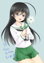 Rule 34 | 10s, 1girl, :d, absurdres, ahoge, artist name, black eyes, black hair, black neckerchief, blouse, character name, commentary, cowboy shot, daffodil, dated, flower, girls und panzer, green background, green skirt, happy birthday, highres, holding, holding flower, invisible chair, isuzu hana, lily (flower), long hair, long sleeves, looking at viewer, miniskirt, neckerchief, ooarai school uniform, open mouth, parda siko, pleated skirt, school uniform, serafuku, shirt, signature, simple background, sitting, skirt, smile, solo, white shirt
