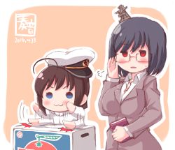 Rule 34 | &gt;:3, 2girls, :3, adjusting eyewear, admiral (kancolle) (cosplay), admiral (kancolle), ahoge, alternate costume, bespectacled, black hair, blue eyes, blush, book, box, breasts, brown hair, cardboard box, child, commentary request, cosplay, dated, formal, glasses, hair ornament, hat, headgear, highres, holding, holding book, jitome, kanon (kurogane knights), kantai collection, large breasts, long sleeves, military, military uniform, motion lines, multiple girls, objection, open mouth, peaked cap, red eyes, shigure (kancolle), short hair, smile, suit, uniform, v-shaped eyebrows, yamashiro (kancolle), aged down