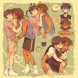 Rule 34 | !, !!, 2boys, ?, absurdres, artist name, bishounen, black hair, carrying, cat boy, commentary, dog boy, english commentary, freckles, hands on another&#039;s face, heart, highres, interracial, kel (omori), kiss, kissing cheek, male focus, multiple boys, omori, piggyback, short hair, shorts, simple background, smile, socks, spoken heart, spoken question mark, sunny (omori), tail, tail wagging, tank top, teeth, upper teeth only, white socks, yaoi, zipsunz