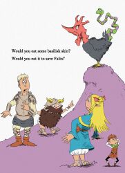 Rule 34 | 1girl, 3boys, armor, arms behind head, basilisk, beard, blonde hair, blue robe, boots, brown footwear, brown hair, chilchuck tims, dr. seuss (style), dungeon meshi, elf, english text, facial hair, fake horns, green eggs and ham (seuss), halfling, helmet, highres, horned helmet, horns, laios touden, leaning back, long hair, looking at another, marcille donato, monster, multiple boys, mustache, open mouth, parody, pointing, pointy ears, robe, sandals, senshi (dungeon meshi), short hair, simple background, standing, stirdraws, style parody, white background
