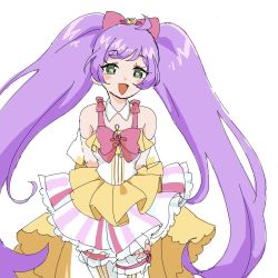 Rule 34 | 1girl, arms behind back, bow, collar, detached sleeves, dress, feet out of frame, frilled skirt, frills, green eyes, hair bow, highres, libera pri, manaka laala, open mouth, pink ribbon, pretty series, pripara, purple hair, ribbon, simple background, skirt, smile, solo, thighhighs, treble clef, twintails, white background