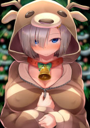 Rule 34 | 1girl, alternate costume, animal hood, bell, blue eyes, blush, breasts, cleavage, covered erect nipples, green ribbon, hair over one eye, hamakaze (kancolle), hood, jingle bell, kantai collection, large breasts, long sleeves, looking at viewer, nicoby, ribbon, short hair, silver hair, solo, upper body, zipper