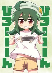 Rule 34 | 1girl, ahoge, animal print, text background, blush, brown shorts, commentary request, cowboy shot, dokuta, green background, green hair, green headwear, grin, hair between eyes, hands up, hedgehog, highres, long hair, midriff peek, navel, original, print shirt, red eyes, shirt, short shorts, short sleeves, shorts, smile, solo, standing, thick eyebrows, translation request, white shirt