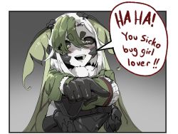 Rule 34 | antennae, arthropod girl, blush, english text, extra arms, gloves, green hair, highres, indie virtual youtuber, insect girl, insult, juniper (artist), juniper actias, mandibles, moth girl, multicolored hair, open mouth, pointing, pointing at viewer, speech bubble, two-tone hair, virtual youtuber, white hair