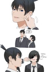 Rule 34 | 1boy, 1girl, annoyed, black hair, black jacket, black necktie, blue eyes, chainsaw man, cheek pinching, closed eyes, collared shirt, cropped torso, earrings, emphasis lines, eyepatch, formal, giganticbuddha, hayakawa aki, highres, himeno (chainsaw man), jacket, jewelry, looking at another, looking to the side, necktie, open mouth, pinching, shirt, short hair, simple background, smile, stud earrings, suit, suit jacket, white background, white shirt