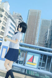 Rule 34 | 1girl, absurdres, black hair, blue eyes, blue skirt, blue sky, bow, building, city, collared shirt, cup, day, drinking straw, glasses, highres, holding, holding cup, kneehighs, looking at viewer, original, outdoors, photo-referenced, pleated skirt, railing, real world location, shirt, short hair, skirt, sky, socks, solo, unagi189, white shirt