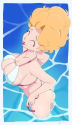 Rule 34 | 1girl, ^ ^, ass, back, bikini, blonde hair, breasts, cleavage, closed eyes, curly hair, curvy, dragon ball, earrings, highres, jewelry, large breasts, mature female, midriff, nail polish, panchy, shiny skin, short hair, side-tie bikini bottom, skindentation, smile, starfinga, swimsuit, thighs, water, wet