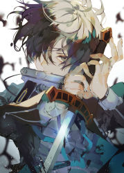 Rule 34 | 1boy, black hair, check copyright, copyright request, fingernails, grey eyes, gun, gun in mouth, hair over one eye, highres, holding, holding sword, holding weapon, male focus, persona, persona 3, simple background, solo, sword, syokuuuuuuuuumura, torn clothes, upper body, weapon, white background, yuuki makoto (persona 3)