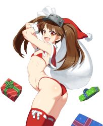 Rule 34 | 1girl, :d, ass, bikini, blush, bow, brown hair, capelet, christmas, fang, female focus, flat chest, gift, gloves, hat, highres, holding, kantai collection, long hair, looking at viewer, looking to the side, open mouth, red bikini, ribbon, ryuujou (kancolle), sack, santa hat, shiny skin, smile, solo, swimsuit, takoyaki neko-san, thighhighs, thong, thong bikini, transparent background, twintails, wide hips