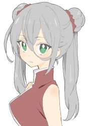 Rule 34 | 1girl, absurdres, bad id, bad twitter id, china dress, chinese clothes, closed mouth, donguri suzume, double bun, dress, green eyes, grey hair, hair between eyes, highres, long hair, original, red dress, simple background, sleeveless, sleeveless dress, solo, twintails, upper body, white background