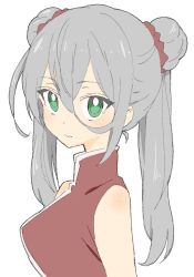 1girl absurdres bad_id bad_twitter_id china_dress chinese_clothes closed_mouth donguri_suzume double_bun dress female_focus green_eyes grey_hair hair_between_eyes hair_bun highres long_hair original red_dress simple_background sleeveless sleeveless_dress solo twintails upper_body white_background