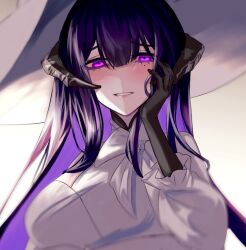 Rule 34 | 1girl, 30 byou suwa, black gloves, colored inner hair, commentary request, constance (honkai: star rail), dress, gloves, grin, hand up, honkai: star rail, honkai (series), horns, long hair, looking at viewer, multicolored hair, purple eyes, purple hair, smile, solo, upper body, very long hair, white dress, white headwear