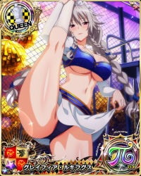 Rule 34 | 1girl, braid, breasts, card (medium), cheerleader, chess piece, cleavage, female focus, grayfia lucifuge, grey hair, high school dxd, large breasts, long hair, looking at viewer, maid headdress, mature female, navel, official art, queen (chess), red eyes, smile, solo, twin braids, underboob