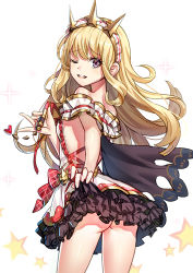 Rule 34 | 10s, 1girl, ;d, ass, back, bare arms, bare shoulders, black cape, blonde hair, cagliostro (granblue fantasy), cape, clothes lift, cosmetics, cowboy shot, crown, dress, dress lift, eyebrows, eyelashes, female focus, frills, from behind, granblue fantasy, hairband, heart, holding, lifted by self, lipstick, lipstick tube, long hair, looking at viewer, looking back, makeup, microdress, no bra, no panties, off shoulder, one eye closed, open mouth, plaid, purple eyes, red lips, ririko (zhuoyandesailaer), smile, solo, sparkle, star (symbol), white background, wink