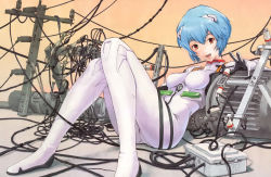 Rule 34 | 1girl, :d, ayanami rei, blue hair, bodysuit, breasts, cable, legs, looking at viewer, lying, medium breasts, neon genesis evangelion, open mouth, plugsuit, power lines, reclining, red eyes, short hair, smile, solo, tanaka noel, transformer, transformers, utility pole