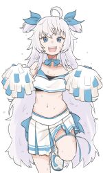 Rule 34 | 1girl, absurdres, ahoge, blue eyes, character request, cheerleader, copyright request, flat chest, flying sweatdrops, hair scarf, highres, leg up, long hair, looking at viewer, messy hair, navel, open mouth, pleated skirt, pom pom (cheerleading), shoes, short twintails, simple background, skirt, smile, solo, spanish commentary, sports bra, stomach, sweat, teeth, twintails, very long hair, white background, white hair, zlix0n