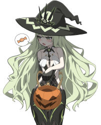 Rule 34 | 1girl, absurdres, bare shoulders, black gloves, blush, breasts, bucket, candy, cowboy shot, food, gloves, goseumgoseumdochi, green eyes, green hair, halloween, halloween bucket, hat, highres, holding, holding bucket, honkai (series), honkai impact 3rd, long hair, mobius (honkai impact), open mouth, pumpkin, simple background, slit pupils, small breasts, solo, speech bubble, spoken food, very long hair, white background, witch hat