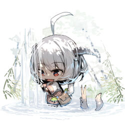 Rule 34 | 1girl, :d, ahoge, animal, bag, barefoot, brown skirt, carrot, chibi, commentary request, fang, fox, grey hair, horns, long sleeves, open mouth, original, pleated skirt, red eyes, shirt, shoulder bag, skirt, smile, solo, water, waterfall, white background, white shirt, wide sleeves, yuuji (yukimimi)