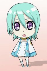 Rule 34 | 00s, 1girl, :d, aqua hair, boots, buttons, chibi, chibi only, dress, eureka (eureka seven), eureka seven, eureka seven (series), flat chest, gradient background, green hair, hair between eyes, holster, isse, jewelry, jpeg artifacts, knee boots, looking at viewer, lowres, neck ring, necklace, open mouth, pink background, purple eyes, shadow, short dress, sleeves past wrists, smile, solo, standing, thigh holster, thigh strap