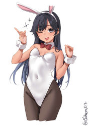 Rule 34 | 1girl, alternate costume, animal ears, bare shoulders, blush, bow, bowtie, breasts, collarbone, covered navel, cowboy shot, cropped legs, detached collar, ebifurya, fake animal ears, hair between eyes, highres, i-400 (kancolle), kantai collection, leotard, long hair, looking at viewer, one-hour drawing challenge, one eye closed, open mouth, pantyhose, playboy bunny, rabbit ears, simple background, small breasts, smile, solo, sparkle, strapless, strapless leotard, traditional bowtie, twitter username, white background, white leotard, wrist cuffs