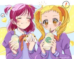 Rule 34 | !, blonde hair, bow, closed eyes, commentary request, crumbs, cup, drink, drinking straw, drinking straw in mouth, eating, eyelashes, food, food on face, fruit, glitter, hair ornament, highres, holding, holding cup, holding drink, holding food, kasugano urara (yes! precure 5), l&#039;ecole des cinq lumieres school uniform, lemon, musical note, pink hair, precure, puffy sleeves, sakumupre5, school uniform, simple background, symbol in eye, twintails, twitter username, yellow eyes, yes! precure 5, yes! precure 5 gogo!, yumehara nozomi