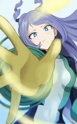 Rule 34 | 1girl, absurdres, action, blue background, blue eyes, blue hair, blush, boku no hero academia, fengling (furin-jp), frown, gloves, hadou nejire, highres, looking at viewer, pout, simple background, solo, tight clothes, uniform