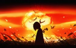 Rule 34 | 1other, ambiguous gender, backlighting, commentary request, dark, explosion, flower, from side, highres, original, outdoors, red sky, red theme, scenery, short hair, signature, silhouette, sky, skyrick9413, solo