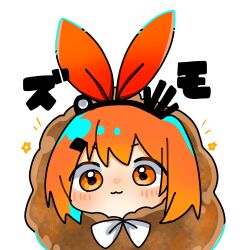 Rule 34 | 1girl, :3, a.i. voice, adachi rei, bow, bowtie, chibi, chicken (food), closed mouth, commentary request, food costume, fried chicken, gorilla ultra, hair bow, hair ornament, hairclip, headlamp, highres, looking at viewer, orange eyes, orange hair, radio antenna, red bow, short hair, simple background, solo, star (symbol), translation request, utau, v-shaped eyebrows, white bow, white bowtie