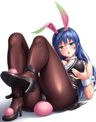 Rule 34 | 1girl, anal tail, animal ears, ass, bare shoulders, black pantyhose, blue hair, blush, breast hold, breasts, cleavage, fake animal ears, fake tail, full body, green eyes, high heels, lambda (kusowarota), large breasts, leotard, long hair, looking at viewer, lying, maria traydor, on back, open mouth, pantyhose, playboy bunny, rabbit ears, rabbit tail, simple background, solo, star ocean, star ocean anamnesis, tail, white background, wrist cuffs