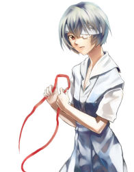 Rule 34 | 00s, 1girl, ayanami rei, bad id, bad pixiv id, bag, bandages, bandage over one eye, blue hair, eyepatch, holding, neon genesis evangelion, open mouth, pale skin, piaon, pin, rebuild of evangelion, red eyes, ribbon, school uniform, short hair, skirt, solo