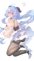Rule 34 | 1girl, ahoge, blue eyes, blue hair, blue nails, closed mouth, curled horns, dated, floating hair, full body, ganyu (genshin impact), genshin impact, hair between eyes, high-waist skirt, high heels, highres, horns, long hair, looking at viewer, nail polish, pantyhose, ribao, signature, simple background, skirt, solo, thighband pantyhose, very long hair, white background, white skirt