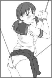 Rule 34 | 1girl, assisted exposure, bdsm, blush, bondage, bound, bound wrists, clothes lift, crotch rope, highres, image sample, monochrome, panties, pixiv sample, resized, rope, school uniform, skirt, skirt lift, suda (yuunagi enikki), underwear, upskirt